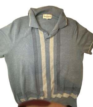Thomas Sterling Knit Polo Shirt Size L Blue Vertical Panel Stripe